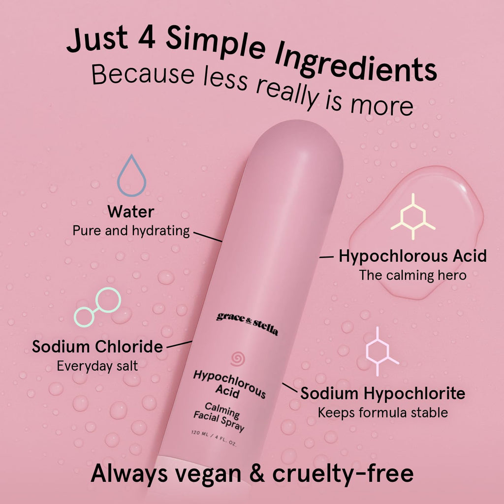 grace & stella Hypochlorous Acid Spray for Face - Acne Spray - Gentle Face Mist to Calm Redness, Flare-Ups, Breakouts, Body Acne, Bacne - Soothing Facial Mist for Sensitive Skin (120ml/4 fl oz)