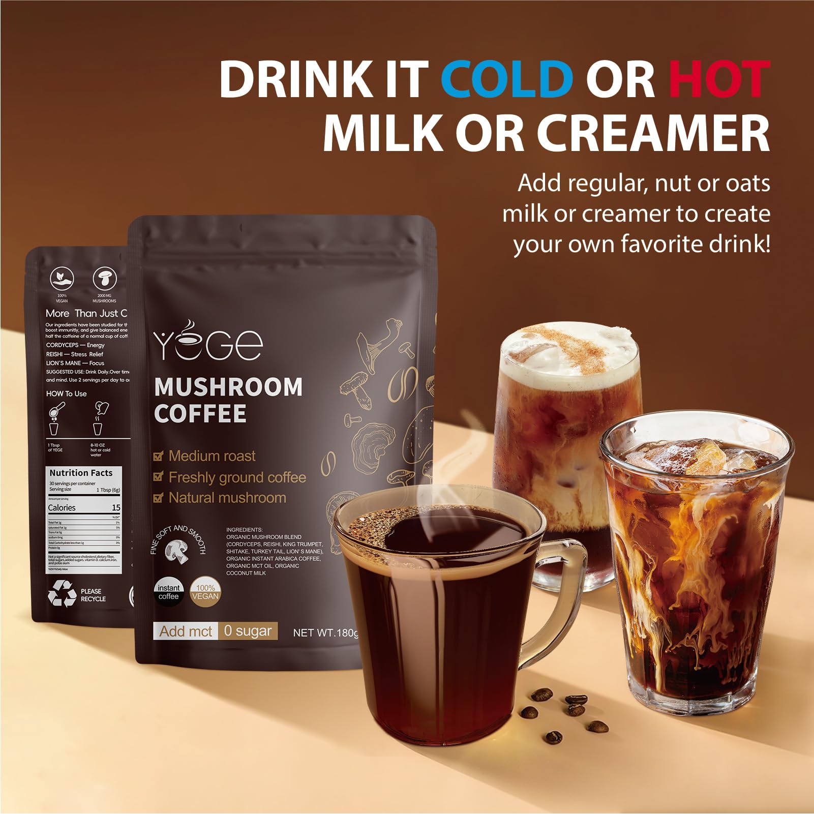 Mushroom Coffee, Instant Mushroom Coffee with Cordyceps, Reishi, King Trumpet, Shiitake, Turkey Tail, Lions Mane for Energy, Focus, Positive Mood & Immune Support (30 Servings)