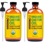 Seven Minerals USDA Organic Castor Oil - Big 16 oz Glass Bottle with Pump - 100% Pure Cold Pressed Unrefined Hexane Free - for Hair Growth, Eyelashes, Eyebrows, Skin, Cuticles & Caster Oil Packs