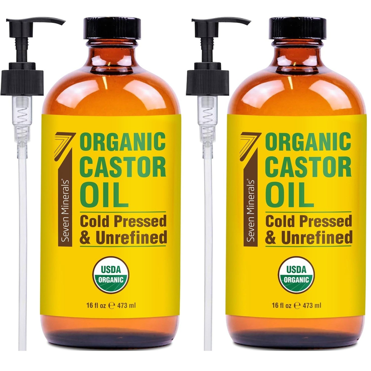 Seven Minerals USDA Organic Castor Oil - Big 16 oz Glass Bottle with Pump - 100% Pure Cold Pressed Unrefined Hexane Free - for Hair Growth, Eyelashes, Eyebrows, Skin, Cuticles & Caster Oil Packs