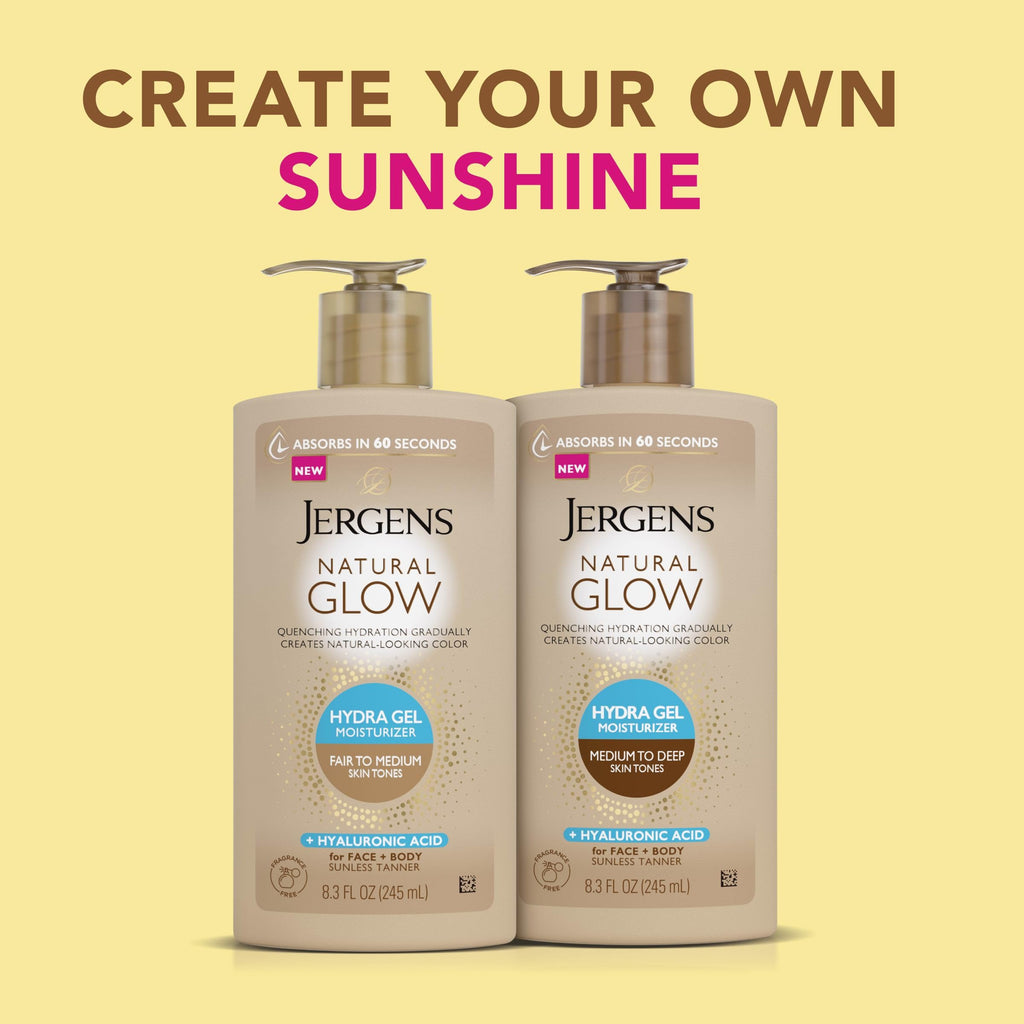 Jergens Natural Glow Hydra Gel Self Tanner, Fair to Medium, 8.3 fl oz | Gradual Self Tanning Gel, Hyaluronic Acid, Hydrating, Fragrance-Free, Fair to Medium Skin, Buildable Glow