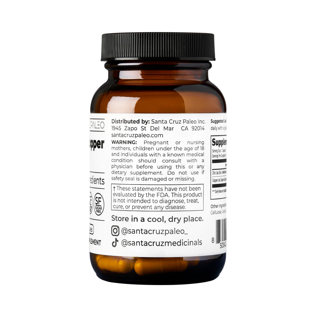 Santa Cruz Paleo, Zinc & Copper Mineral Supplement, High Absorption Formula, Zinc Supplement for Skin & Hair, L Methionine, Copper Gluconate, Trace Minerals, Gluten Free, Keto, Paleo, 60 Capsules