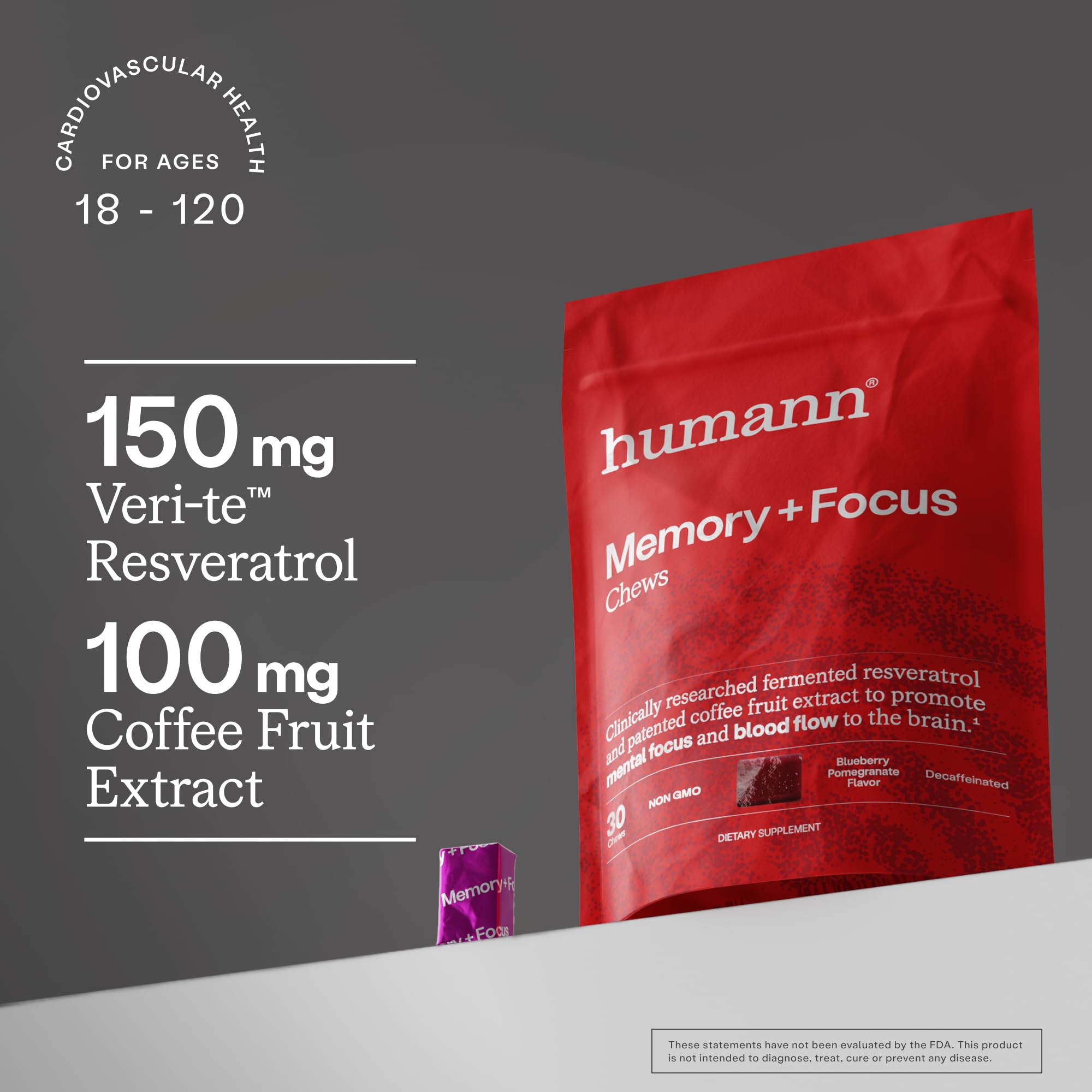 HumanN Memory + Focus Chews, Cognitive, Blueberry Pomegranate Flavor, 30 Ct | Mental Alertness, Non-GMO, Clinically Studied Nootropics, Fermented Resveratrol & Beet Juice Powder, For Adults, Made in USA
