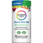 Rainbow Light Mens Multivitamin One + for 50 Plus | 60 Caplets | Supports Muscle Health | with Vitamins C, D, and Zinc | Real Food Nutrients, Digestive Enzymes & Probiotics