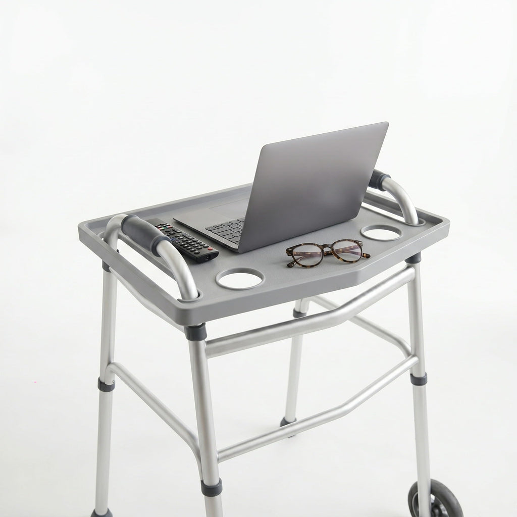 Bluestone Walker Tray Table with 2 Cup Holders, Gray