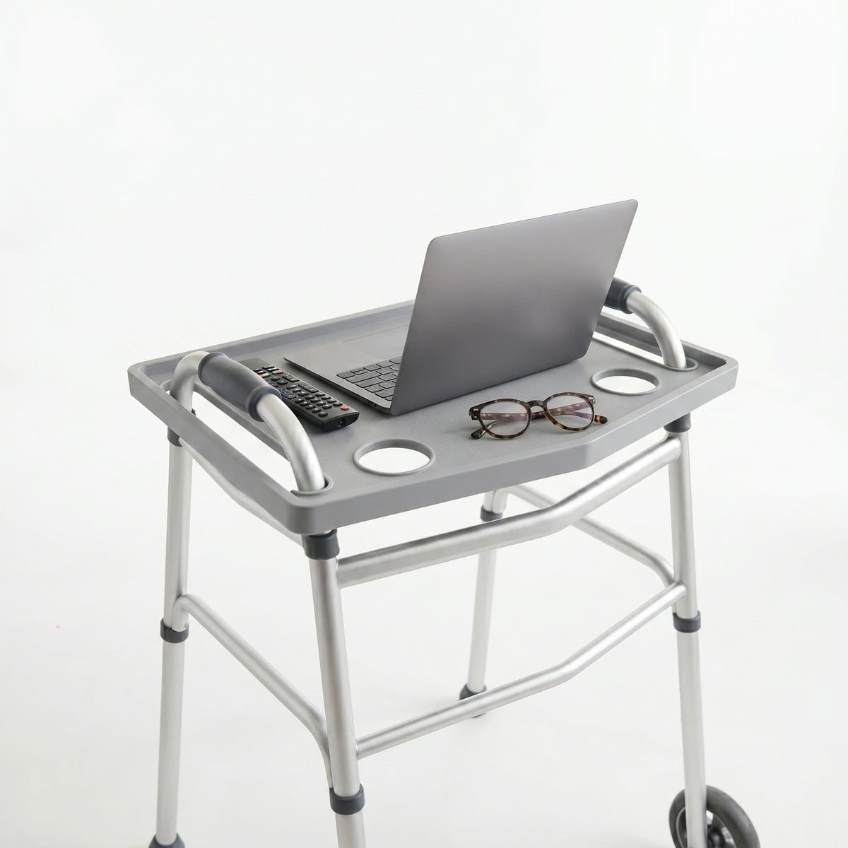 Bluestone Walker Tray Table with 2 Cup Holders, Gray