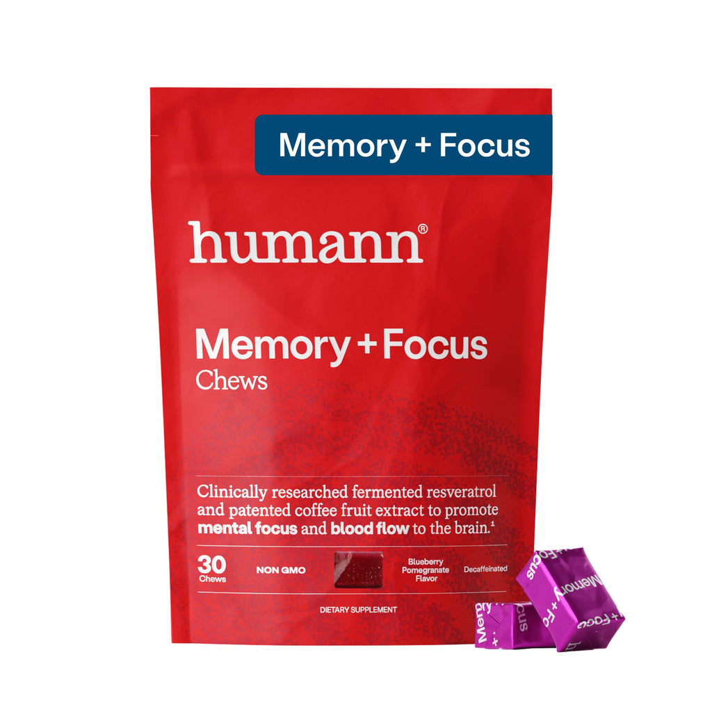 HumanN Memory + Focus Chews, Cognitive, Blueberry Pomegranate Flavor, 30 Ct | Mental Alertness, Non-GMO, Clinically Studied Nootropics, Fermented Resveratrol & Beet Juice Powder, For Adults, Made in USA