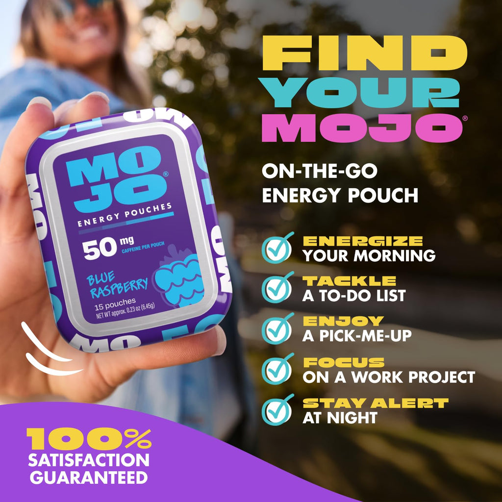 MOJO Caffeine Pouches with Naturally Derived Caffeine from Green Tea, Ginseng, Yerba Mate, L-Theanine & B-Vitamins | Nicotine-Free | Zero Sugar | 100mg Caffeine | Variety Pack