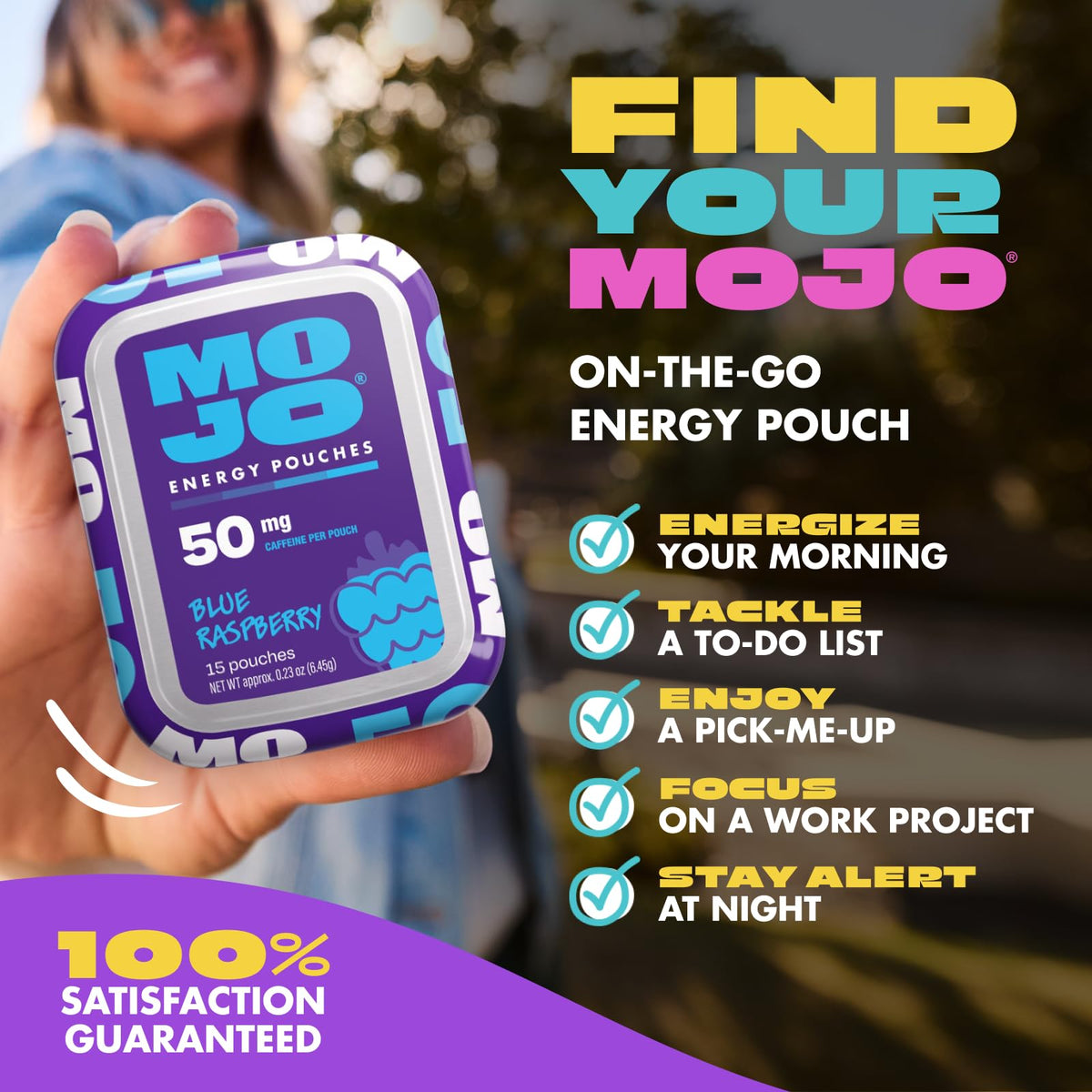 MOJO Caffeine Pouches with Naturally Derived Caffeine from Green Tea, Ginseng, Yerba Mate, L-Theanine & B-Vitamins | Nicotine-Free | Zero Sugar | 100mg Caffeine | Variety Pack