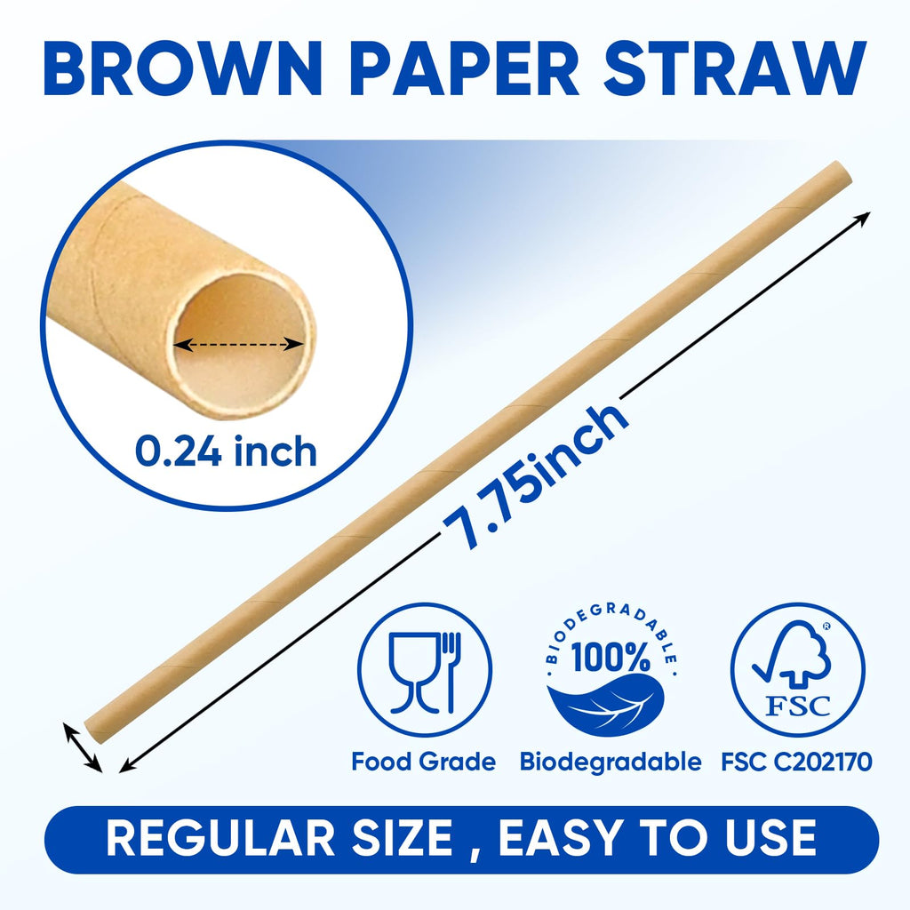 [300 Pack] Brown Paper Straws 7.75" Compostable Drinking Straws Disposable
