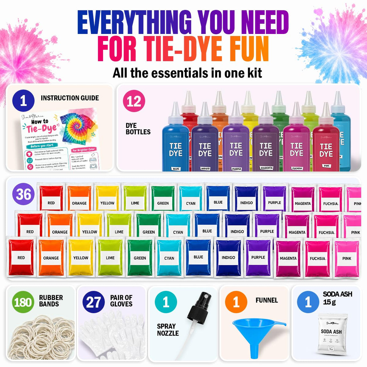Jim&Gloria Tie Dye Kit, 36 Tiedye Powder 12 Larger Bottles Fabric Dyes for Clothing, Permanent Dye with Soda Ash Tie Dye Kits for Large Groups Paint Party Summer Activities DIY Crafts