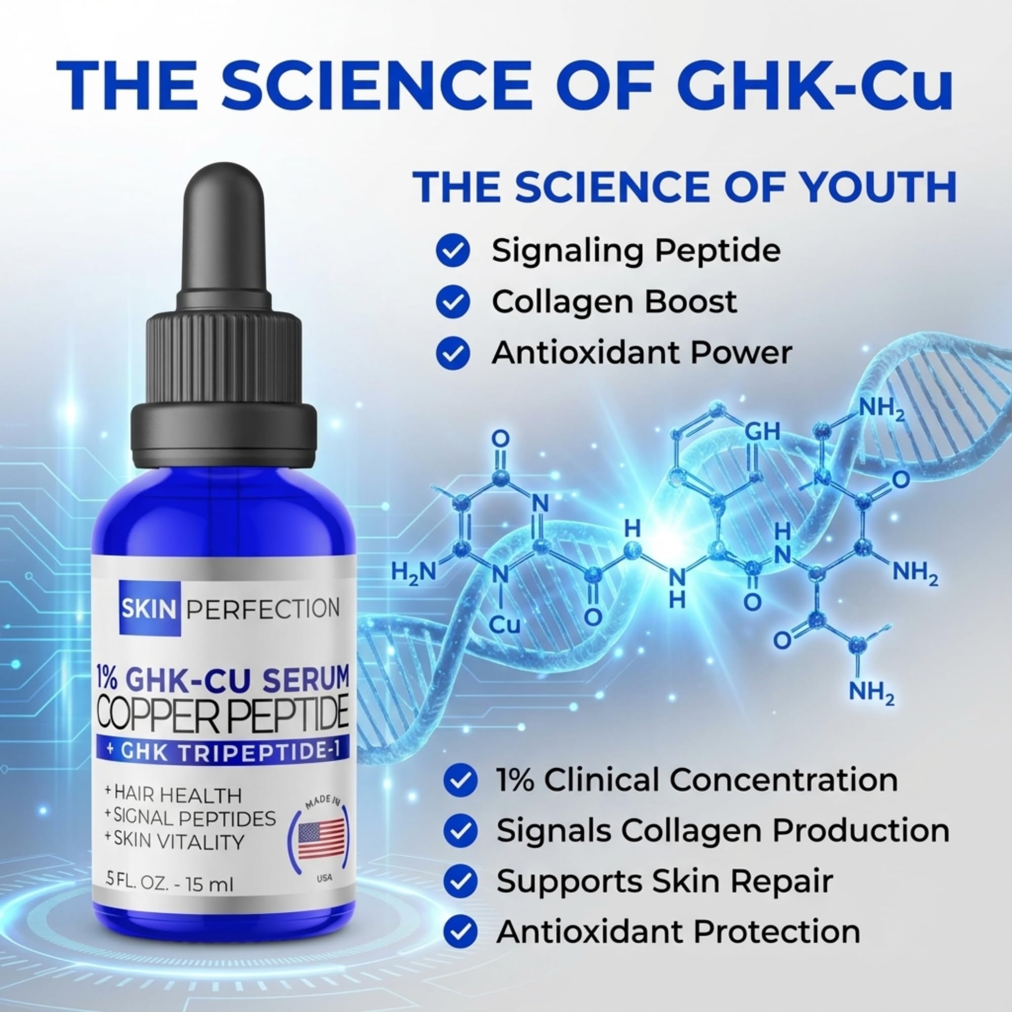 Buy now Skin Perfection GHK-CU Copper Peptides Serum for Face & Hair - Copper Peptide for Skin, Hair & Scalp - 1% Blue Liquid for Face, Neck, Body, and Scalp â€“ Multi-Use Serum Booster with Dropper 0.5 fl oz at indiglob india