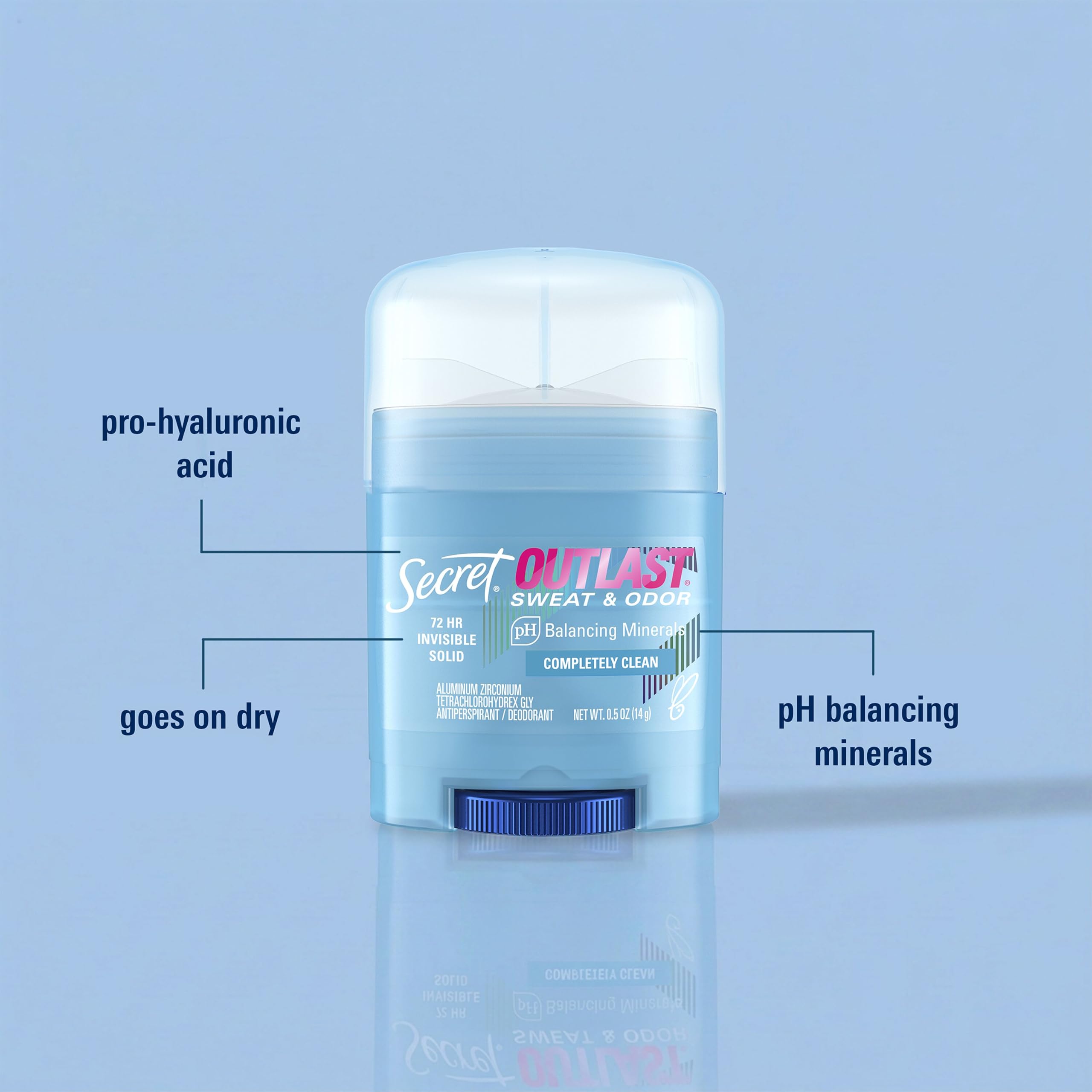 Secret Outlast Antiperspirant Deodorant for Women, 72hr Sweat & Odor Protection, PH Balancing Minerals, Invisible Solid, Completely Clean Scent, Travel Size, 0.5 oz