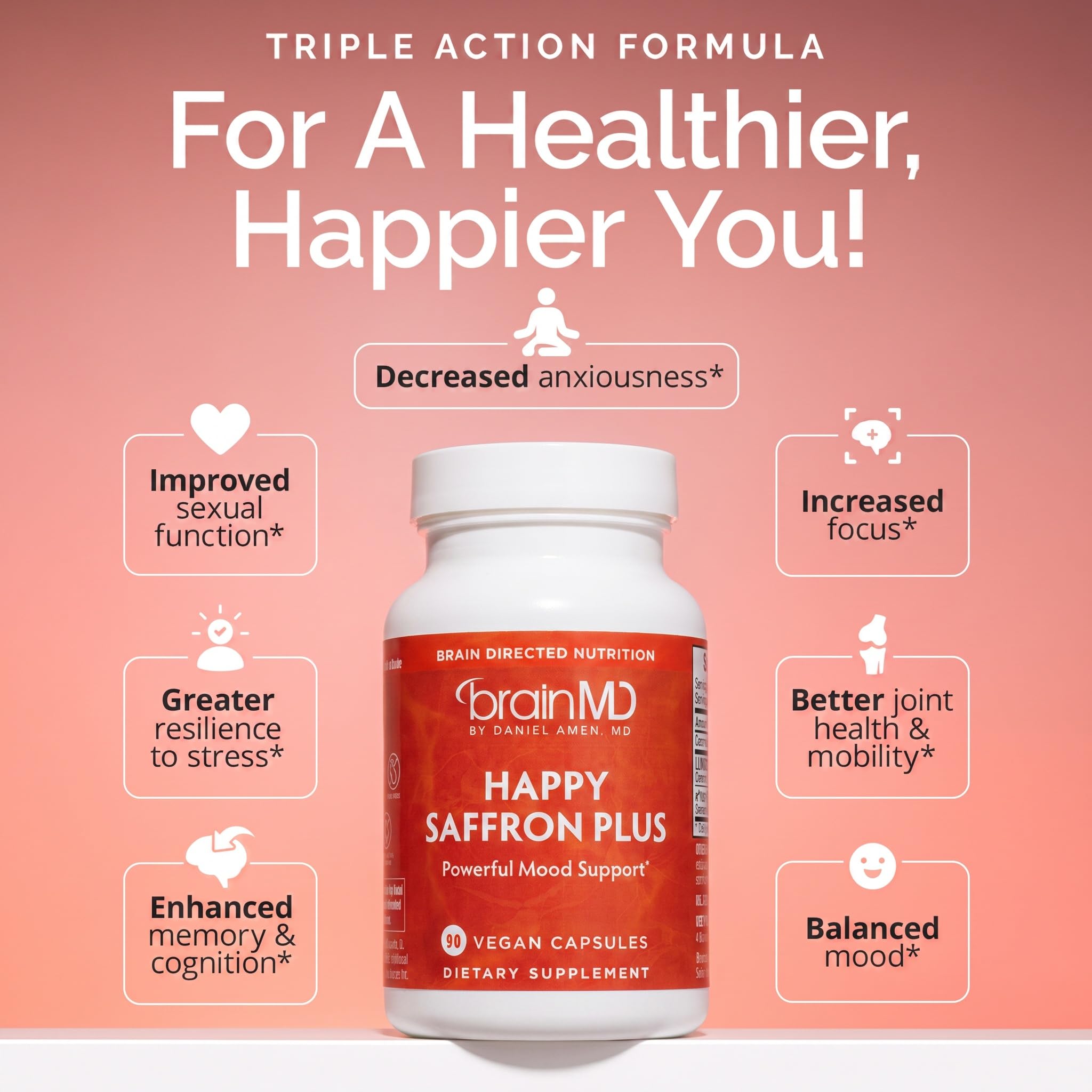 BRAINMD Dr Amen Happy Saffron Plus - 90 Capsules - with Saffron Flower Extract, Curcumin & Zinc - Vegan, Gluten Free - 30 Servings | 30 Servings