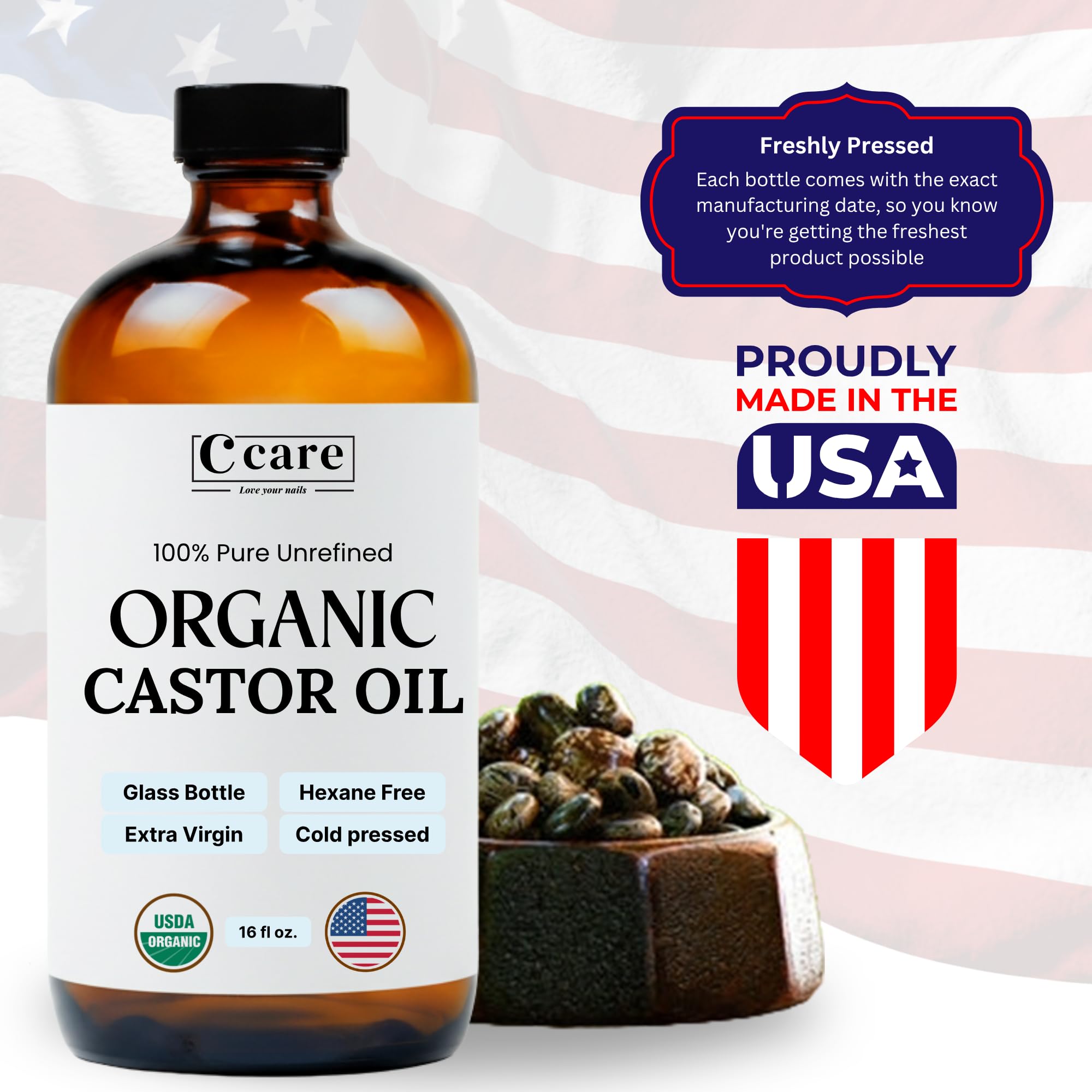 C CARE Castor Oil 100% Pure Organic Cold Pressed Unrefined Glass Bottle | USDA Certified Organic | Hexane Free Extra Virgin | For Hair Growth Eyebrows Eyelashes Skin and Castor Oil Pack Wrap | 16oz