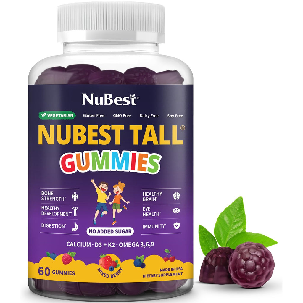NuBest Tall Gummies for Kids Age 2+ & Teens | Bone Strength, Immunity, Digestive Health with Calcium, Vitamin D3, K2, B Complex, Magnesium, Zinc | 20+ Vitamins Berries Gummies, No Added Sugar