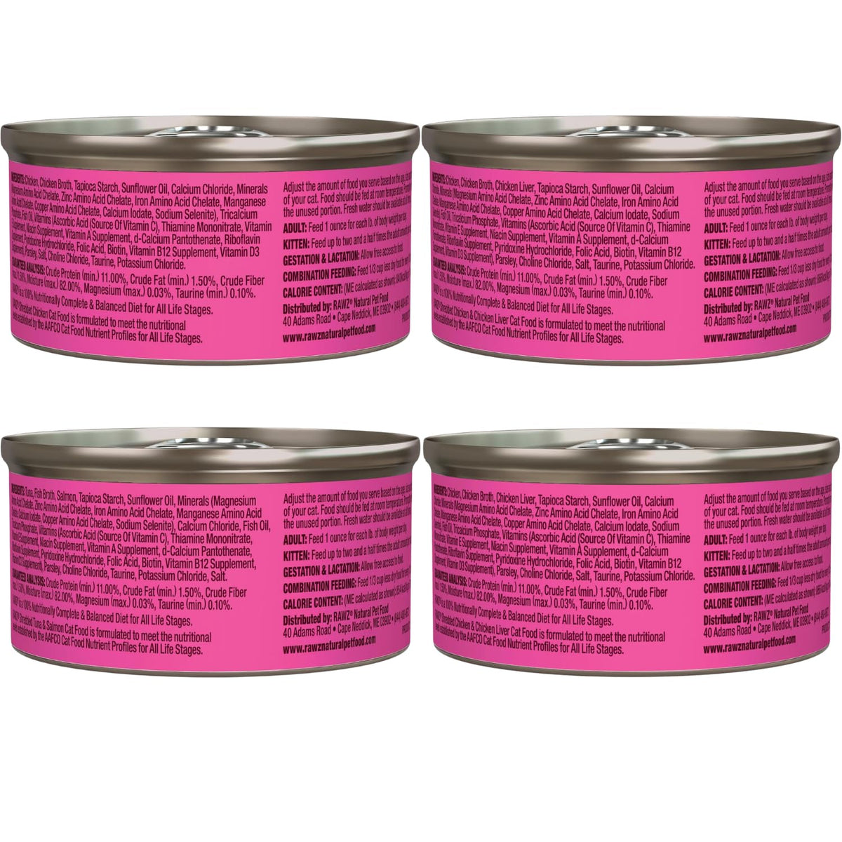 Rawz Natural Premium Canned Cat Wet Food Shredded -12 Pack Cans Variety Pack -4 Flavors with Yow Pet Lid- (Tuna & Salmon, Chicken & Liver, Tuna & Chicken, Chicken)- (3oz Cans)
