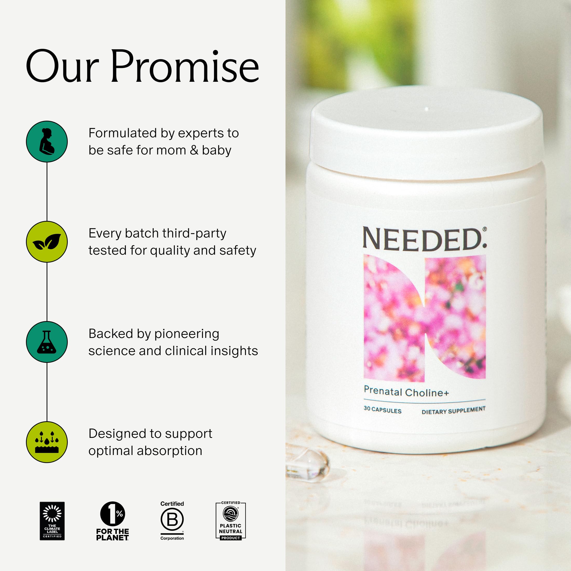 Needed. Prenatal Choline+ for Cognitive Development, 30 Liquid Capsules | Choline Supplements For Pregnancy, Aids Baby Brain Development & Supports Healthy Pregnancy, Third Party Tested