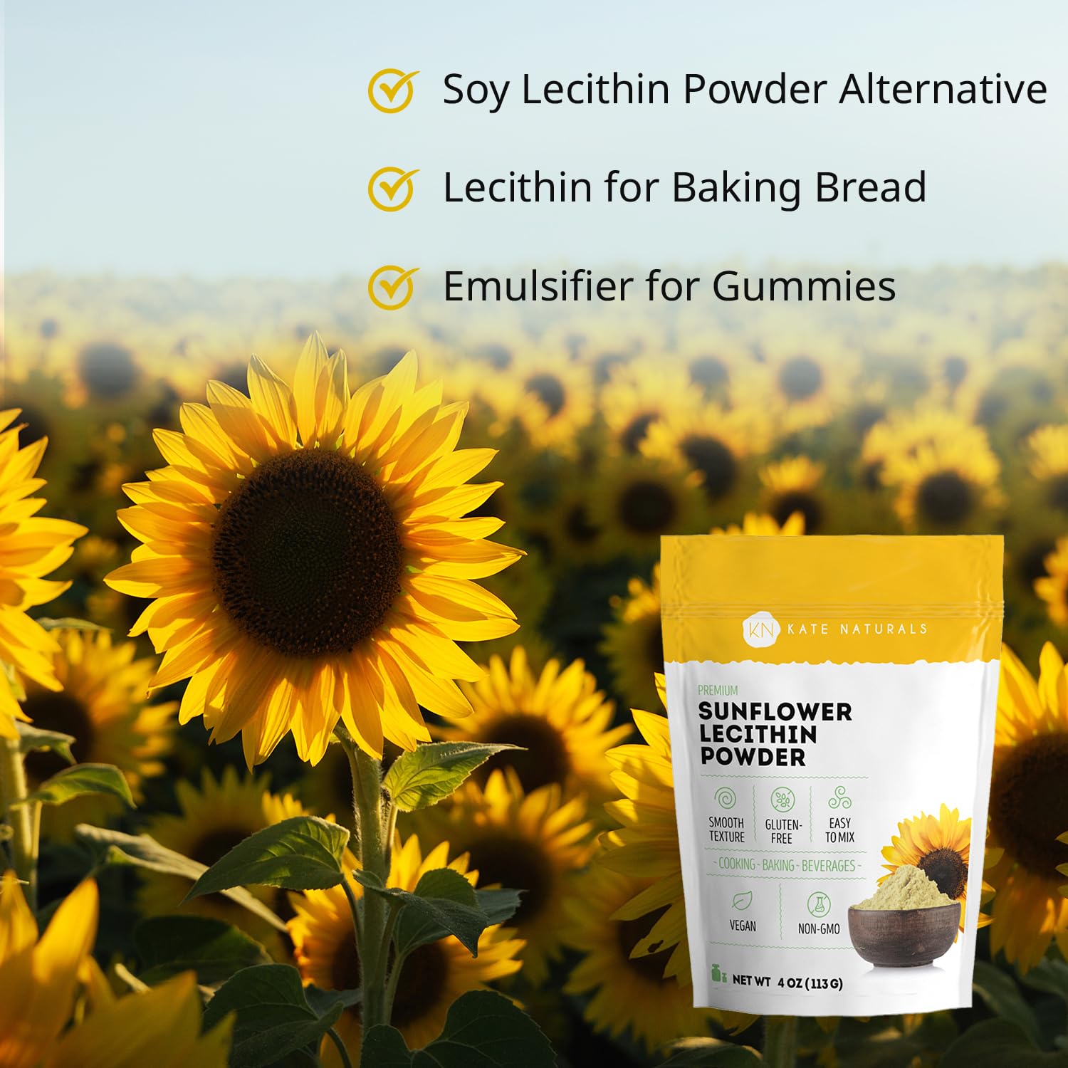 Kate Naturals Sunflower Lecithin Powder for Baking Bread & Cooking (4oz) | Non-GMO Substitute for Soy Lecithin Powder, Great for Making Gummies