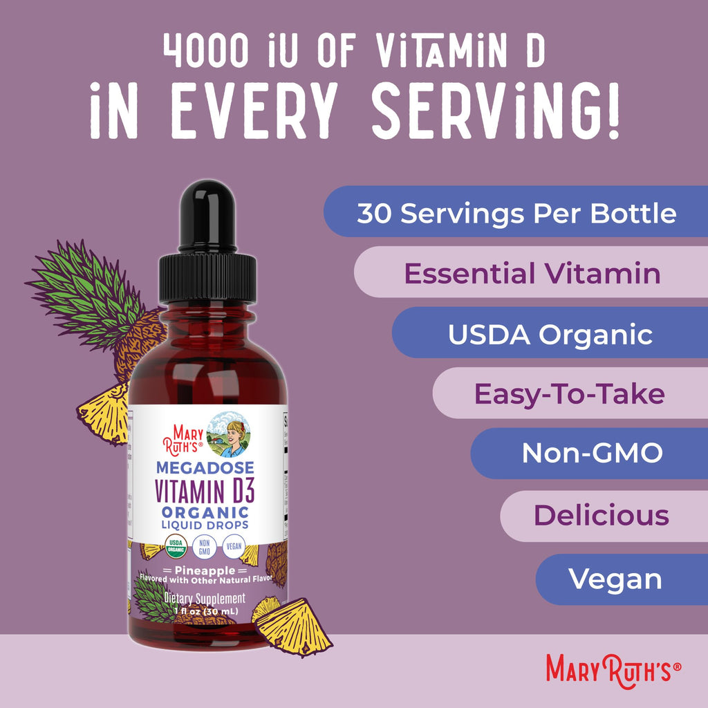 MARYRUTH'S Megadose Vitamin D3 Drops, Vitamin D 4000 IU, Vegan, 30 Servings | USDA Organic, Immune Support & Bone Health, Vegan, Gluten Free, Non-GMO
