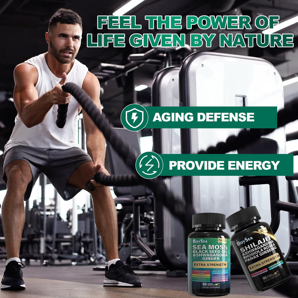 Boysea.Shilajit and Sea Moss Bundle - Sea Moss, Black Seed Oil, Ashwagandha, Ginger & Shilajit, Rhodiola Rosea, All in 1 Supplements - 540 Count