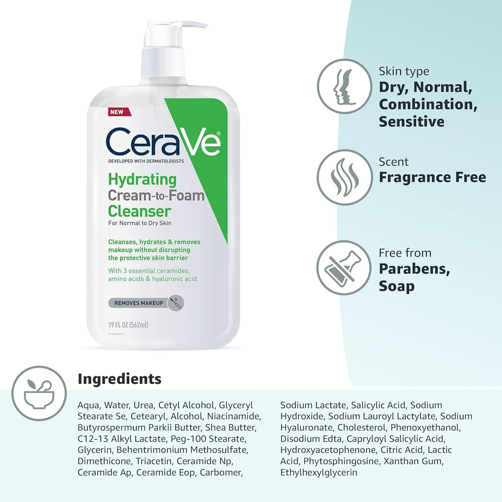 Buy now CeraVe Hydrating Cream To Foam Cleanser, Makeup Remover Face Wash For Dry Skin, Foaming Facial Cleanser With Hyaluronic Acid, Normal To Dry Skin, Fragrance Free & Non Comedogenic, 19 Fluid Ounce at indiglob india