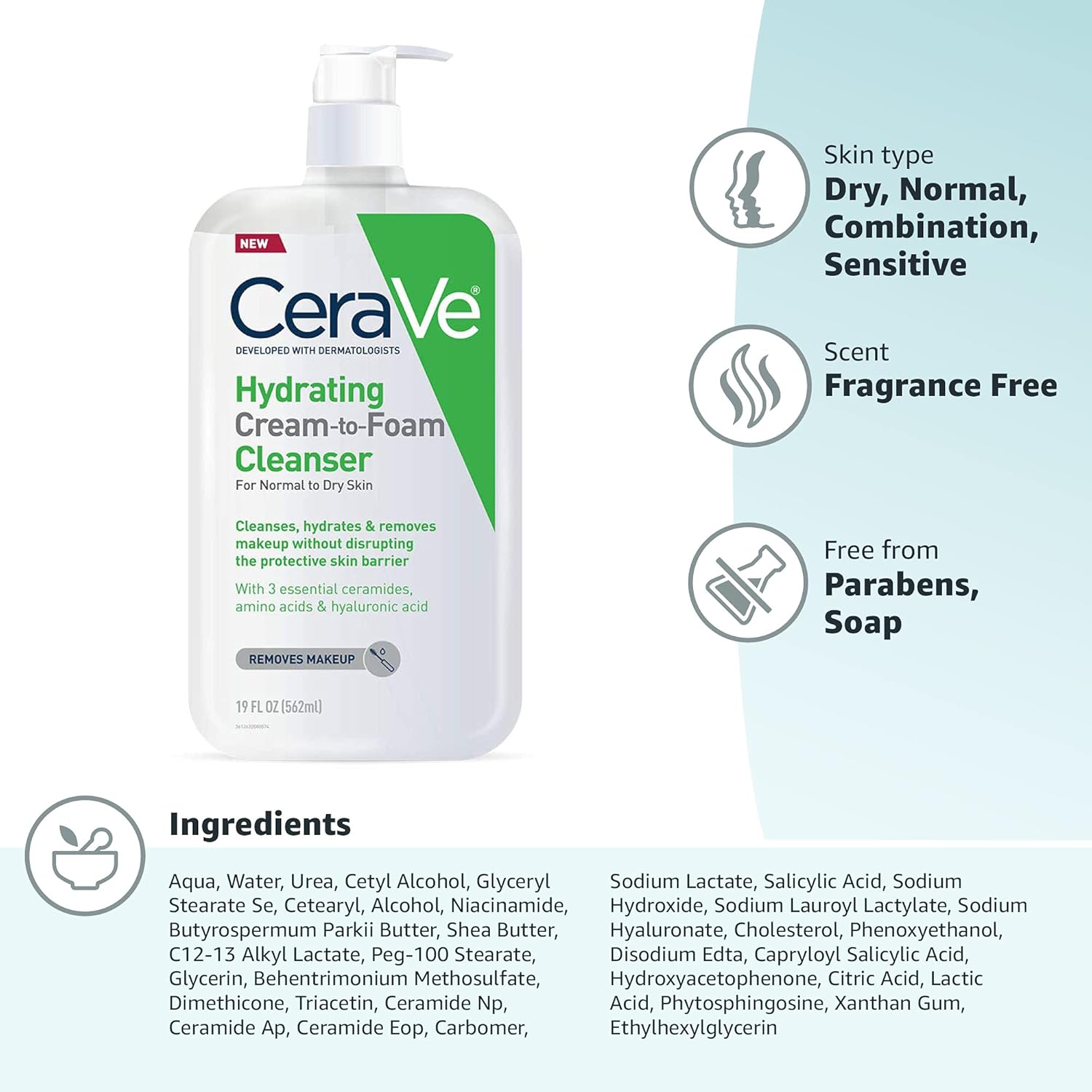 Buy now CeraVe Hydrating Cream To Foam Cleanser, Makeup Remover Face Wash For Dry Skin, Foaming Facial Cleanser With Hyaluronic Acid, Normal To Dry Skin, Fragrance Free & Non Comedogenic, 19 Fluid Ounce at indiglob india