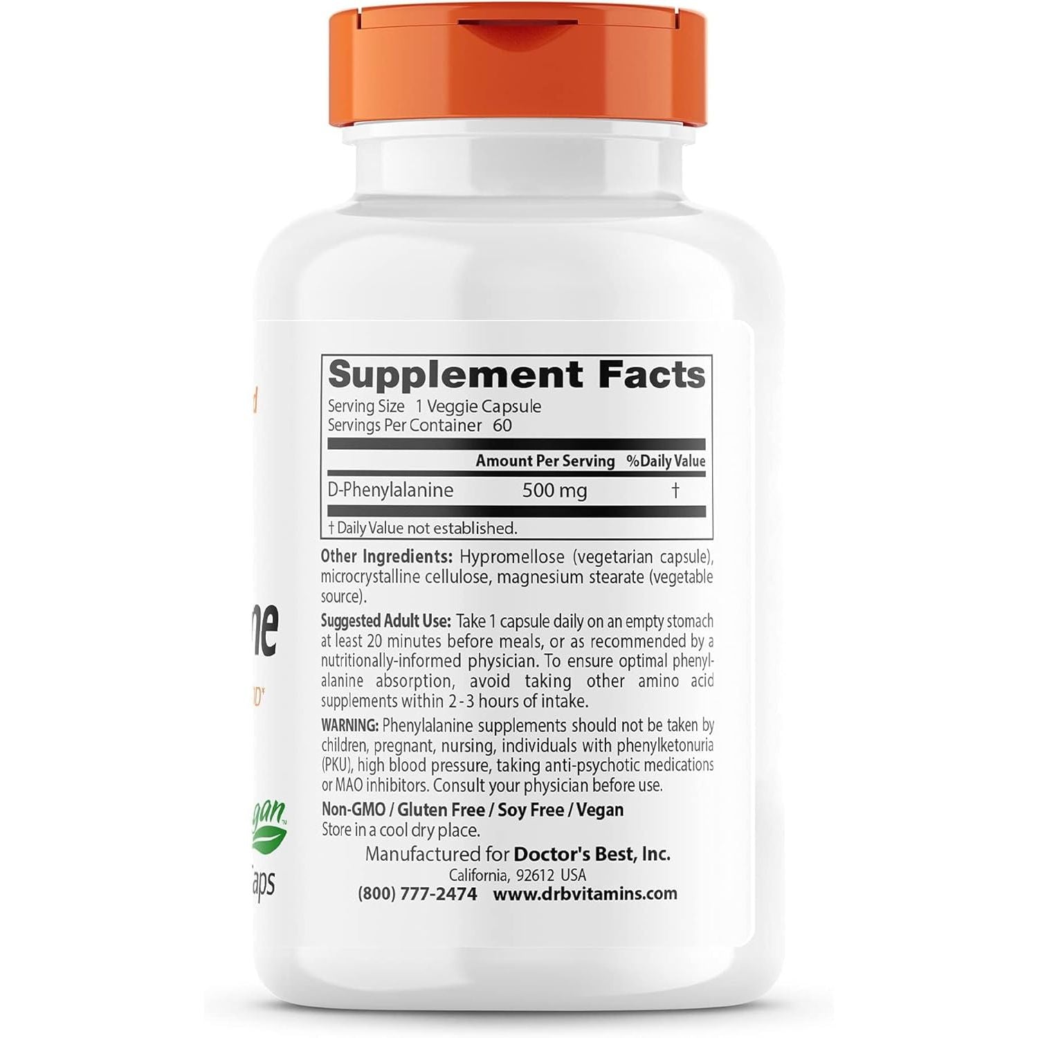 Buy now Doctor's Best D-Phenylalanine, Supports Mood, Nervous System, Non-GMO, Vegan, Gluten Free, 500 mg, 60 Veggie Caps at indiglob india