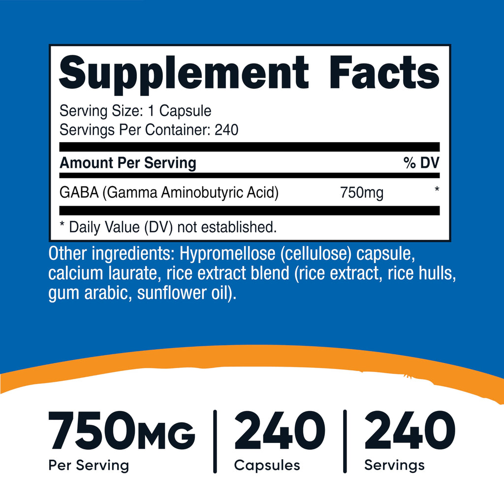 Nutricost GABA (Gamma Aminobutyric Acid) 750mg, 240 Capsules | GMO-Free, Gluten Free