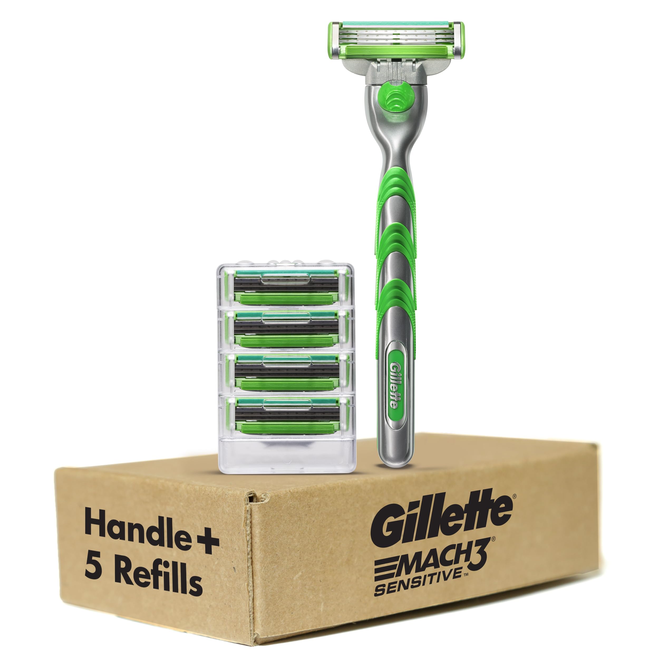 Buy now Gillette Mach3 Sensitive Razors for Men, 1 Handle, 5 Blade Refills, Designed for Sensitive Skin at indiglob india