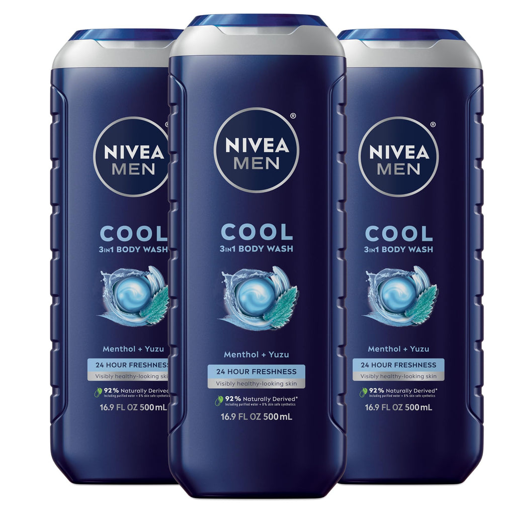 Buy now NIVEA MEN Cool Body Wash, Icy Menthol and Yuzu Scent, 3-in-1 Men's Body Wash, Face and Hair, Paraben Free, pH-Skin Friendly, 16.9 Fl Oz Bottle, Pack of 3 at indiglob india