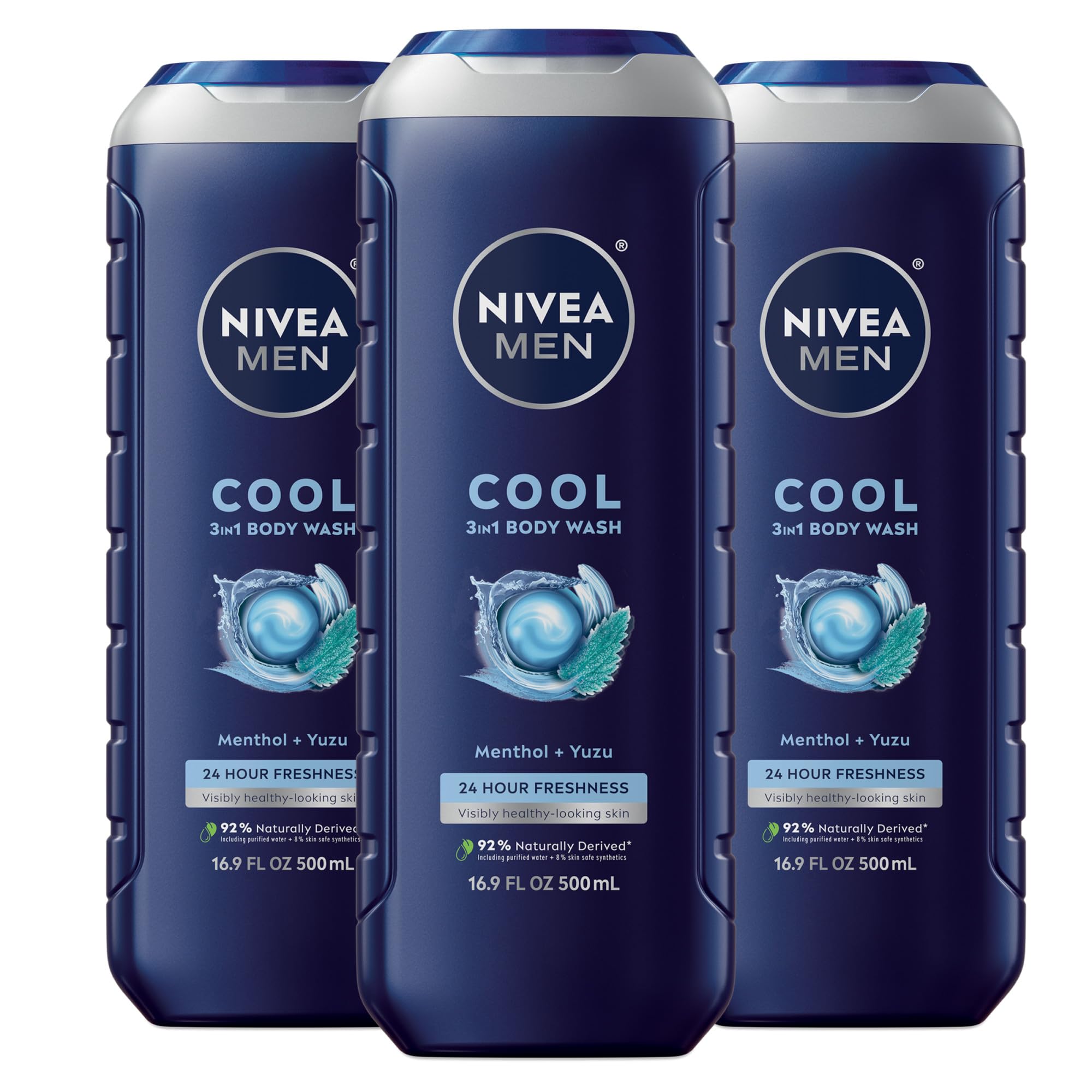 Buy now NIVEA MEN Cool Body Wash, Icy Menthol and Yuzu Scent, 3-in-1 Men's Body Wash, Face and Hair, Paraben Free, pH-Skin Friendly, 16.9 Fl Oz Bottle, Pack of 3 at indiglob india