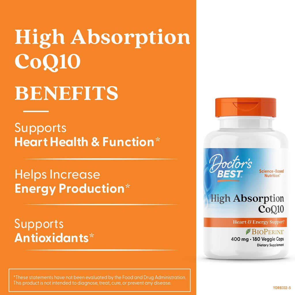 Buy now Doctor's Best High Absorption CoQ10, Heart & Energy Support, USP Verified, Naturally Fermented CoQ10, Non-GMO Gluten Free, Soy Free, Vegan 180 Veggie Caps at indiglob india
