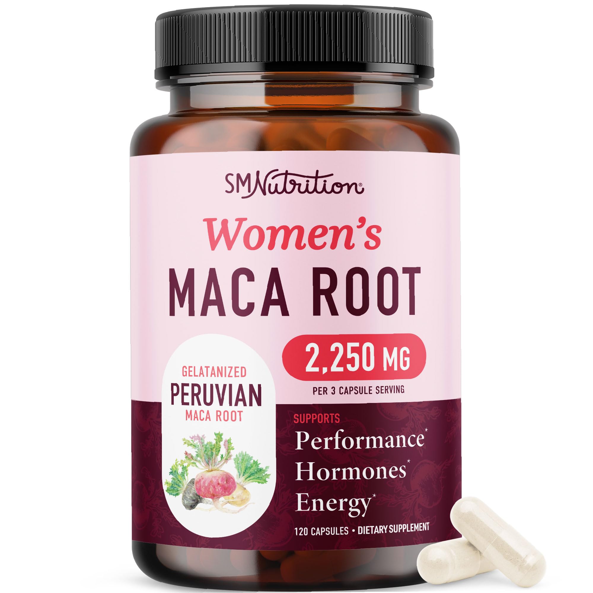 Organic Maca Root Capsules for Women, Peruvian Maca 2250MG Extra Strength | Red Black & Yellow Root Powder with Black Pepper for Absorption, Herbal Support for Energy & Hormone Balance, 120 Capsules