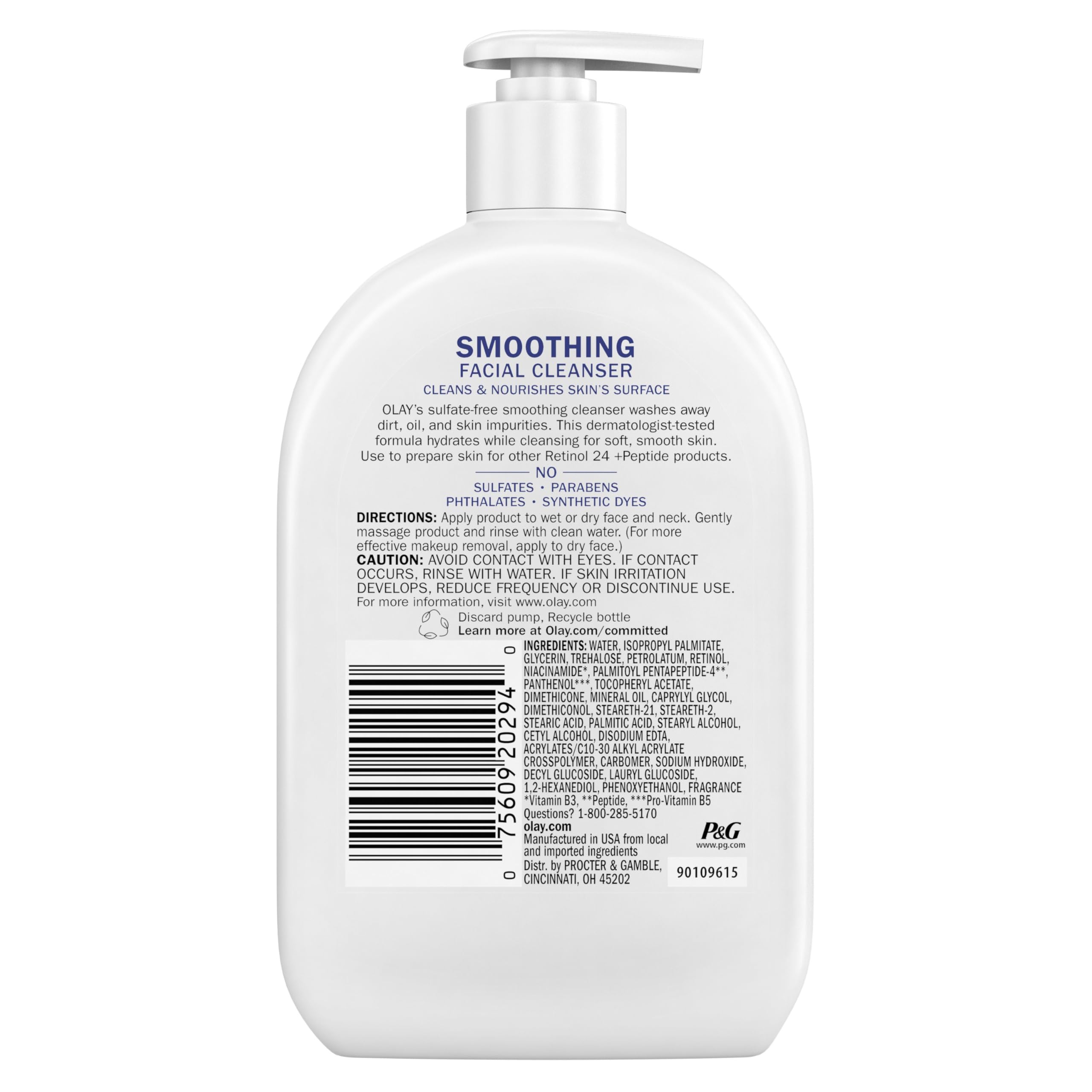 Olay Face Wash Daily Facial Cleanser with Retinol, Peptides and Glycerin, Smoothing and Hydrating Anti Aging Face Wash, Sulfate Free Cream Cleanser for Mature Skin, Daily Use, 16 Oz