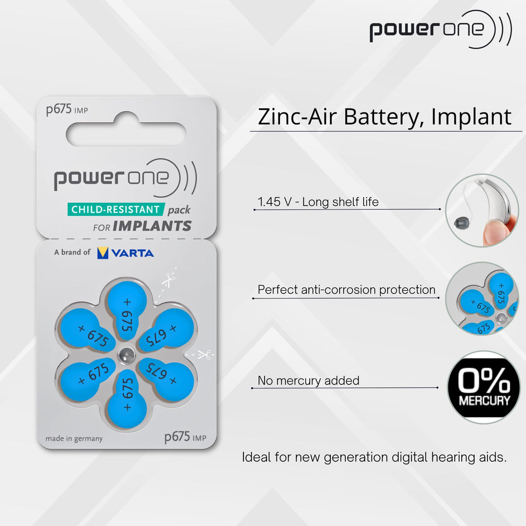 60 Mercury Free Hearing Aid Batteries Size: 675P Cochlear Implant by Power One