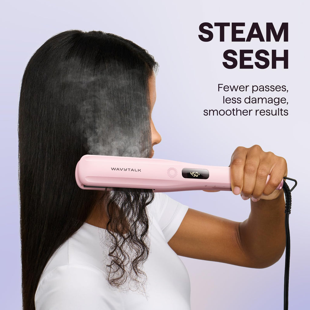 Wavytalk Steam Hair Straightener Steam Sesh for Less Heat Damage, Flat Iron | Detachable Comb, Steam Nourishes, Speeds Straightening, Fights Humidity & Frizz, Nano Titanium 1.38'' Plate, 5 Heat, Pink