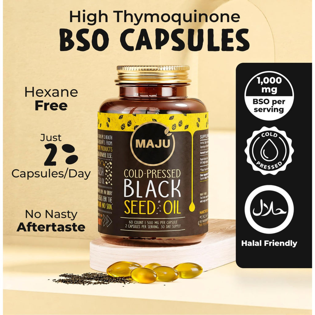 Maju Superfoods Black Seed Oil Capsules - Cold Pressed, 3X Thymoquinone, 100% Turkish Black Cumin Nigella Sativa Seed Oil, Liquid Pure Blackseed 60 Count, 500mg per Capsule