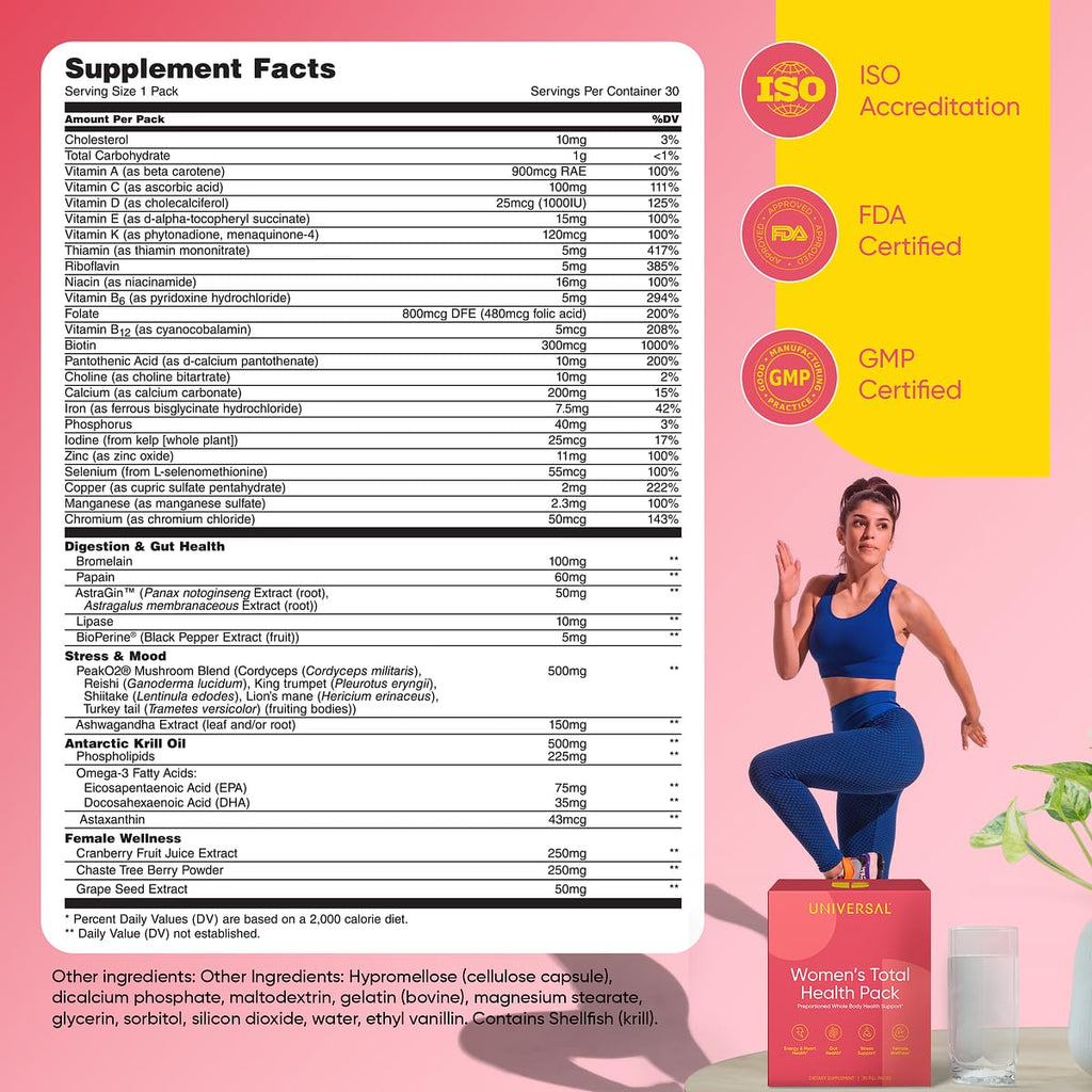 Universal U Women's Total Health Vitamin Packs — 23+ Vitamins, Minerals & Omega-3 Krill Oil with Ashwagandha, Cranberry & Chaste Tree Berry | Energy, Hormonal Balance, Mood, Skin, Gut | 30 Daily Packs