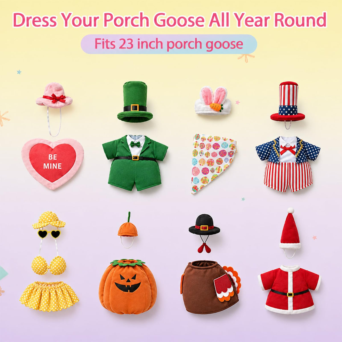 8 Set Holiday Porch Goose Outfits All Seasons Bundle for Valentine St. Patrick Easter Summer 4th of July Fall Halloween Christmas - Lawn Porch Goose Clothing for Patio Yard Decor