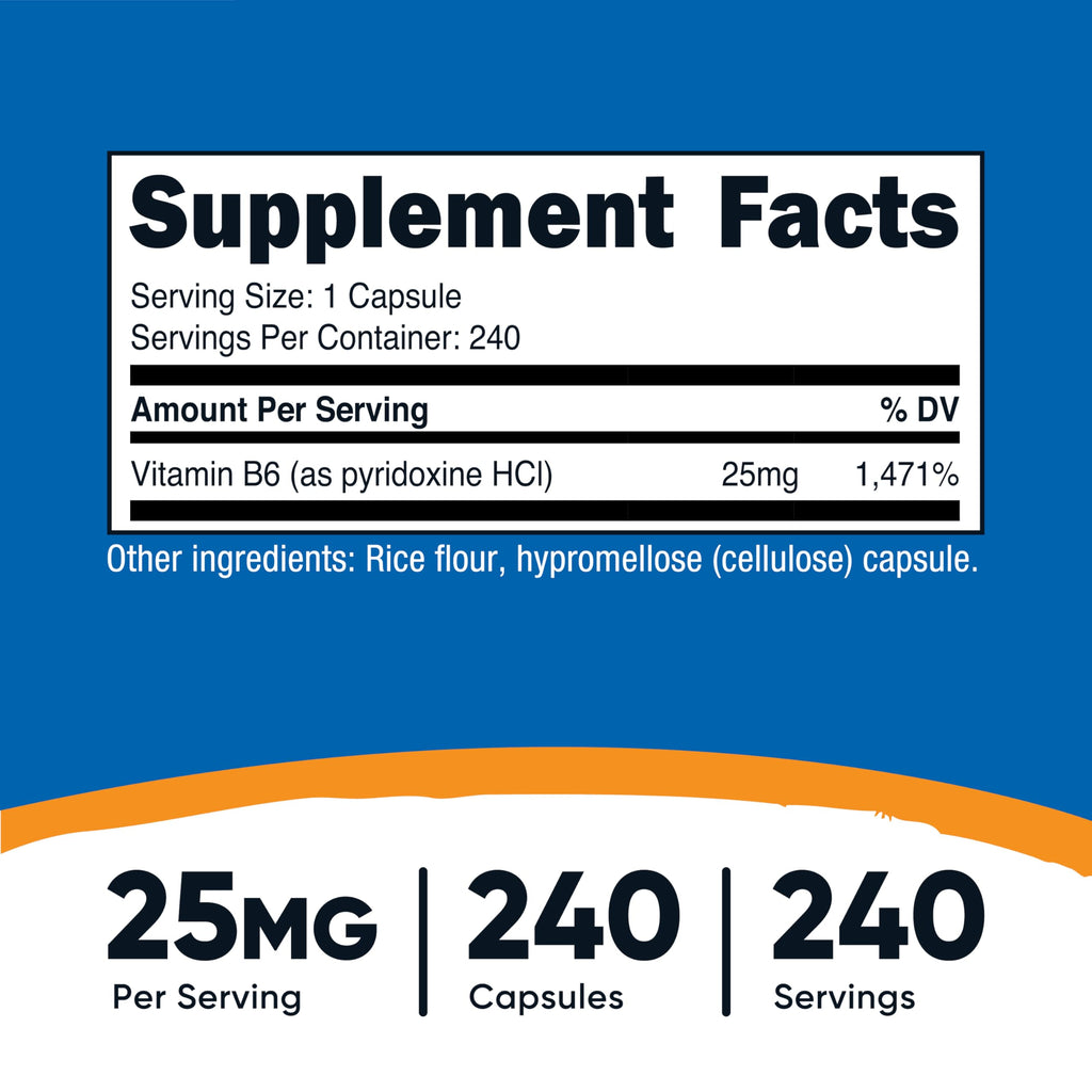 Nutricost Vitamin B6 (Pyridoxine HCl) 25mg, 240 Capsules, Gluten Free