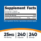 Nutricost Vitamin B6 (Pyridoxine HCl) 25mg, 240 Capsules, Gluten Free