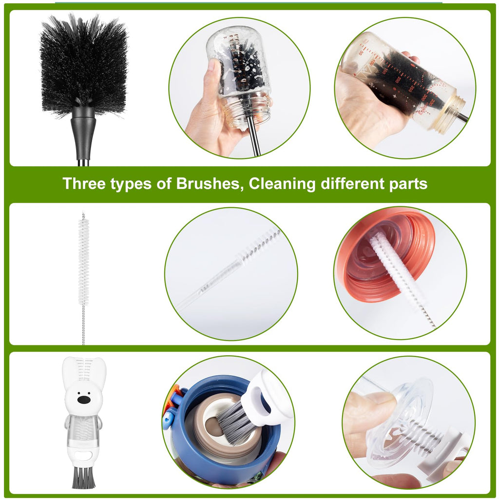 [3 Pack] Bottle Brushes, Stainless Steel Long Handle Water Bottle Scrub Cleaning Brush Set Including Straw & Lid Cleaner for Baby Bottles, Sports Cups, Coffee Mugs, Tumblers