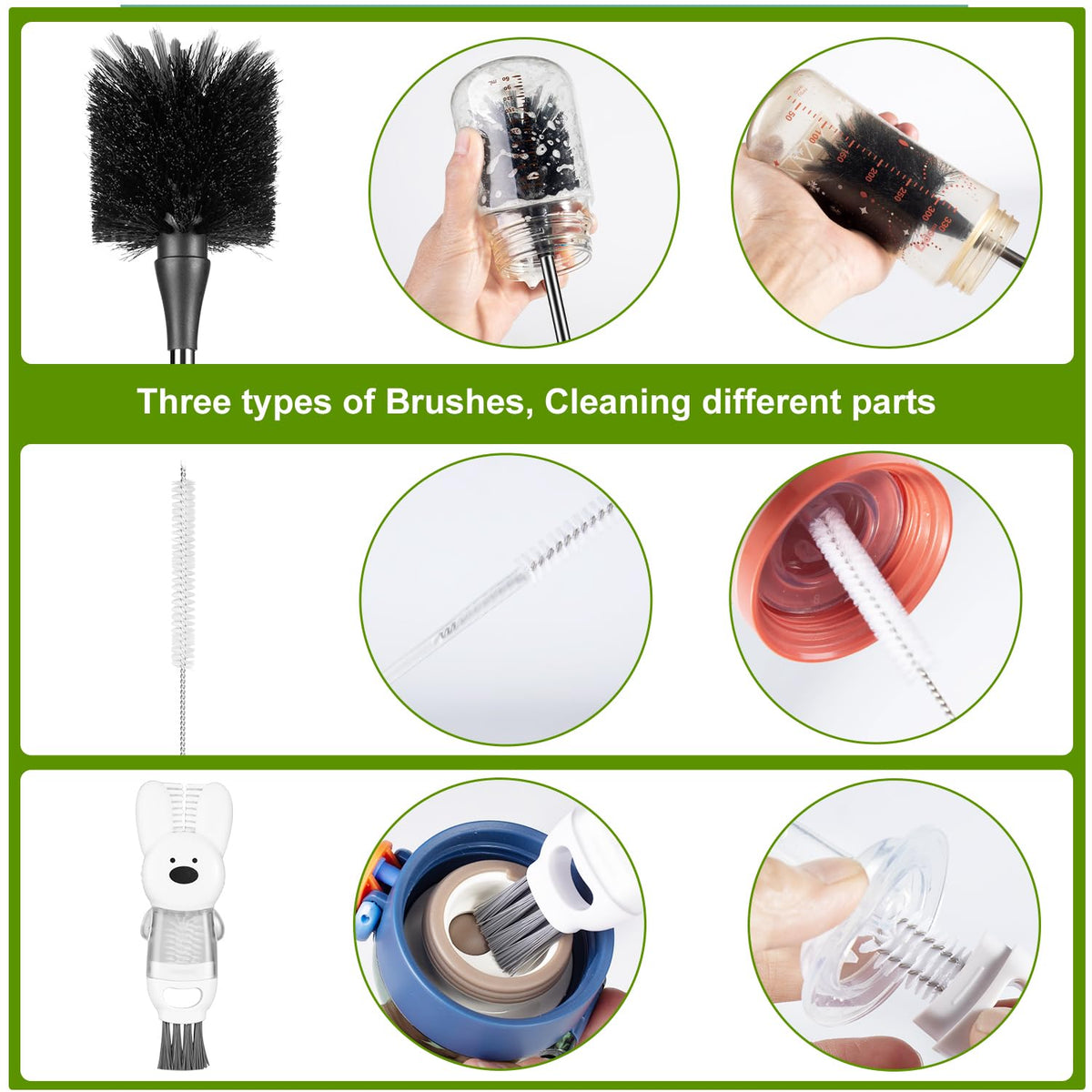[3 Pack] Bottle Brushes, Stainless Steel Long Handle Water Bottle Scrub Cleaning Brush Set Including Straw & Lid Cleaner for Baby Bottles, Sports Cups, Coffee Mugs, Tumblers