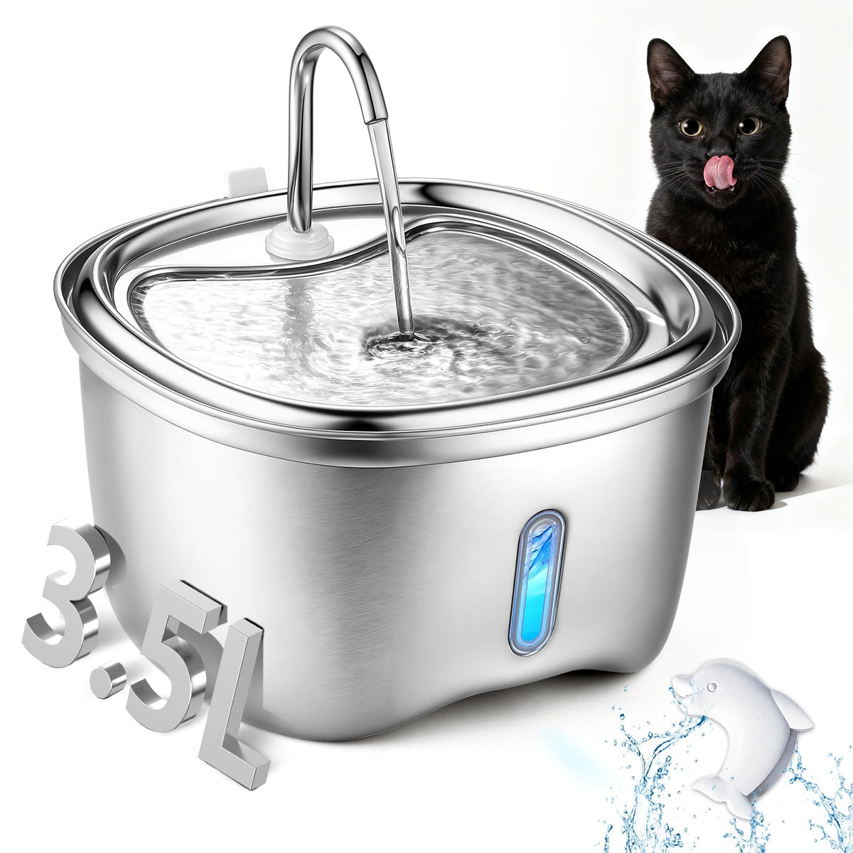 Cat Water Fountain Stainless Steel, 120oz/3.5l Water Fountains for Cats Indoor, Automatic Silent Pump, Easy Clean Water Bowl, with Replacement Filters, Unique Cat-Shaped Design