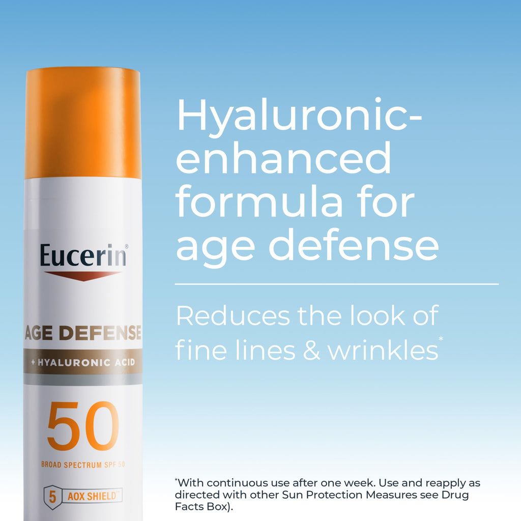 Buy now Eucerin Sun Age Defense SPF 50 Face Sunscreen Lotion with Hyaluronic Acid, Hypoallergenic, Non-Comedogenic Sunscreen SPF 50 Free of Fragrance, Oxybenzone and Octinoxate, 2.5 Fl Oz Bottle at indiglob india