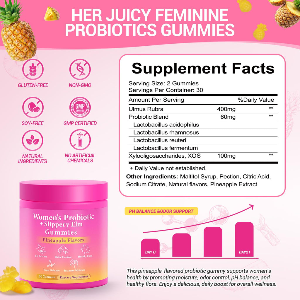 BURMINY Her Juicy Feminine Probiotics Gummies, Premium Feminine Balance Probiotics with Slippery Elm for Women's pH Balance and Freshness – Support Daily Wellness & Comfort 120 Pineapple Gummies