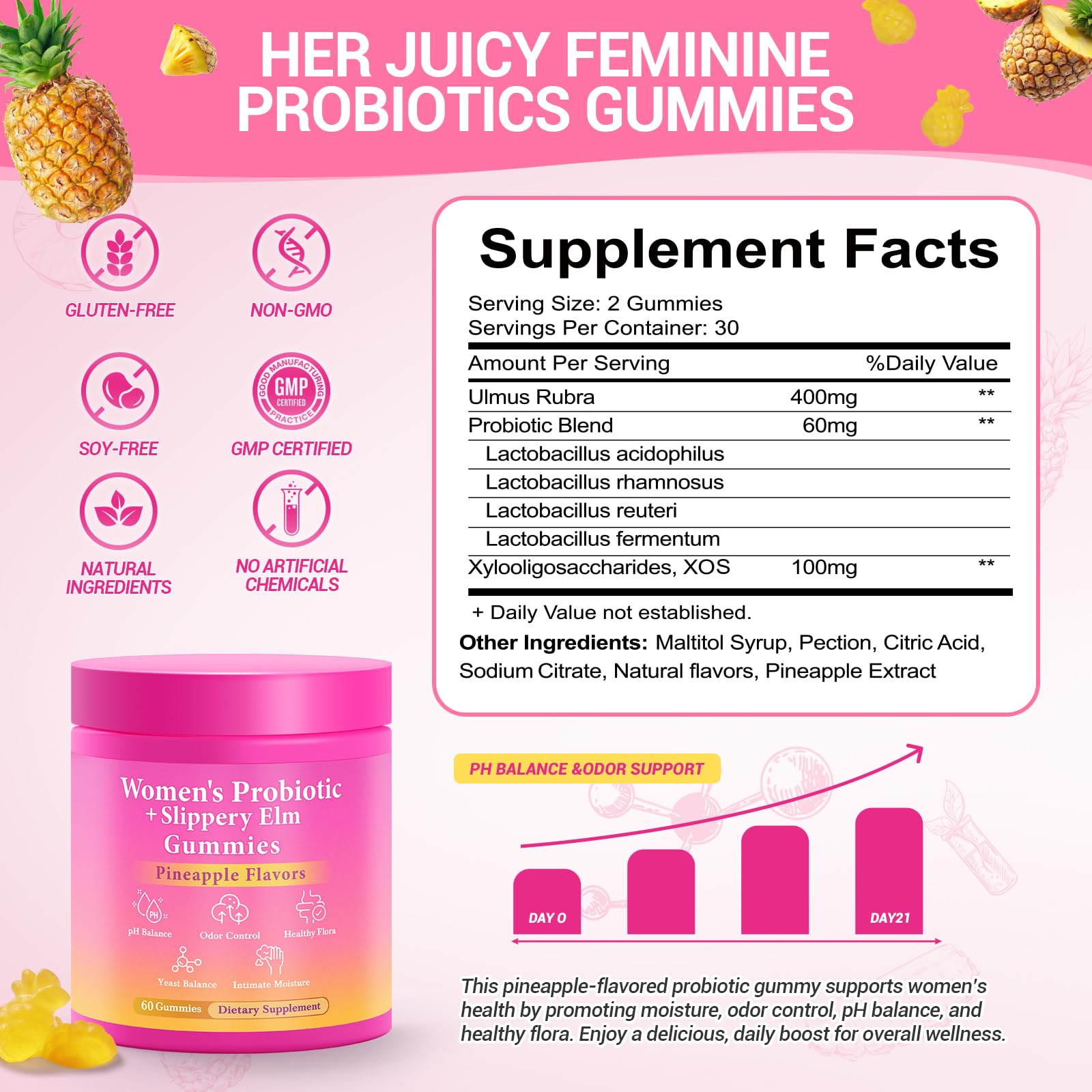 BURMINY Her Juicy Feminine Probiotics Gummies, Premium Feminine Balance Probiotics with Slippery Elm for Women's pH Balance and Freshness – Support Daily Wellness & Comfort 120 Pineapple Gummies
