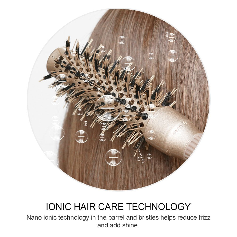 BANGMENG Round Brush with Boar Bristles, 1 inch Barrel, Nano Thermal Ceramic Ionic Tech for Straightening and Blow Drying, Gold