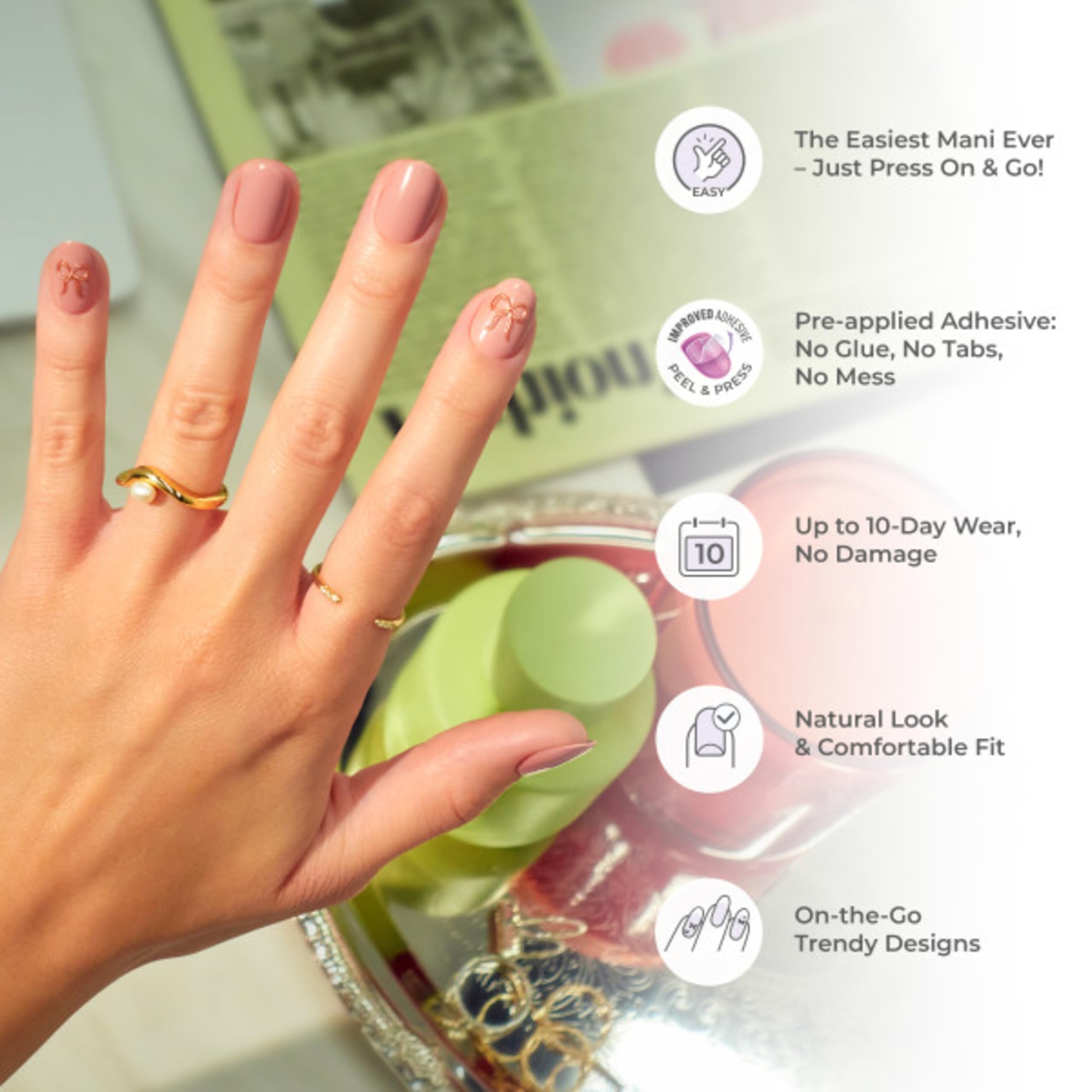 Kiss Impress No Glue Mani Press On Nails, Model, Classic French Manicure Kit, 30 Light Neutral + White Tip, Short Squoval, With IMPROVED Adhesive, Includes Prep Pad, Manicure Stick & Mini File
